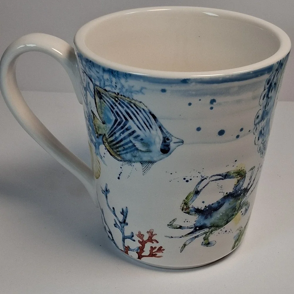 Pier 1 Sea Life Ironstone Mug Seahorse Octopus Crab Watercolor Nautical MINT